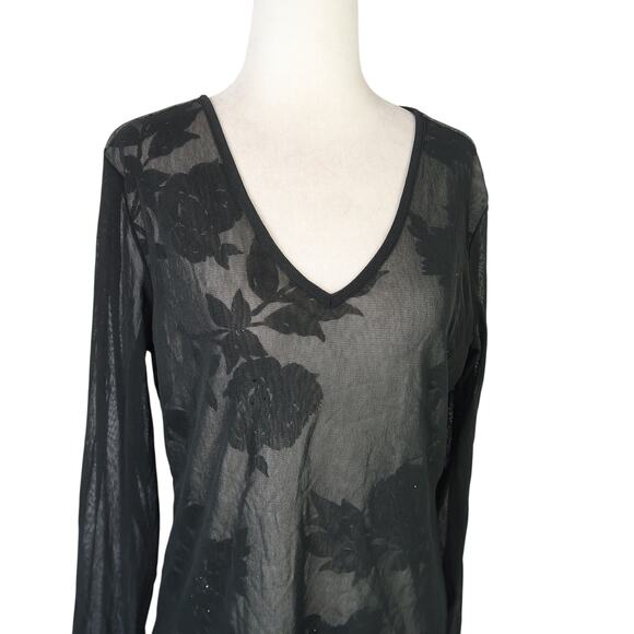 Vintage 90s/Y2K The Limited Black and White Floral Mesh Long Sleeve Tee XL - Picture 2 of 6